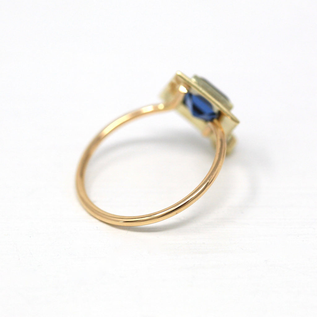 Art Deco Enamel Ring - Antique 14k Yellow Gold Simulated Sapphire & Genuine Diamond - Circa 1930s Size 7 Stick Pin Conversion Fine Jewelry