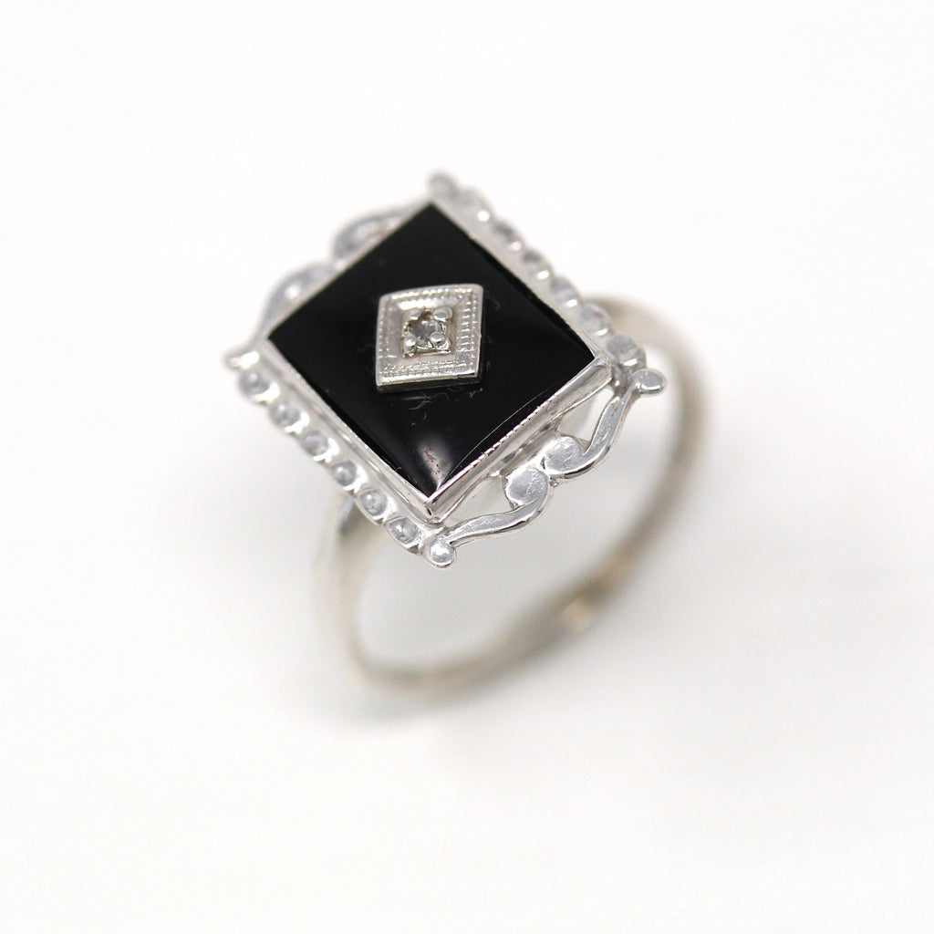Vintage Onyx Ring - Retro 10k White Gold Genuine Diamond & Black Gem Statement - Circa 1950s Era Size 4.25 Rectangular Gemstone Fine Jewelry