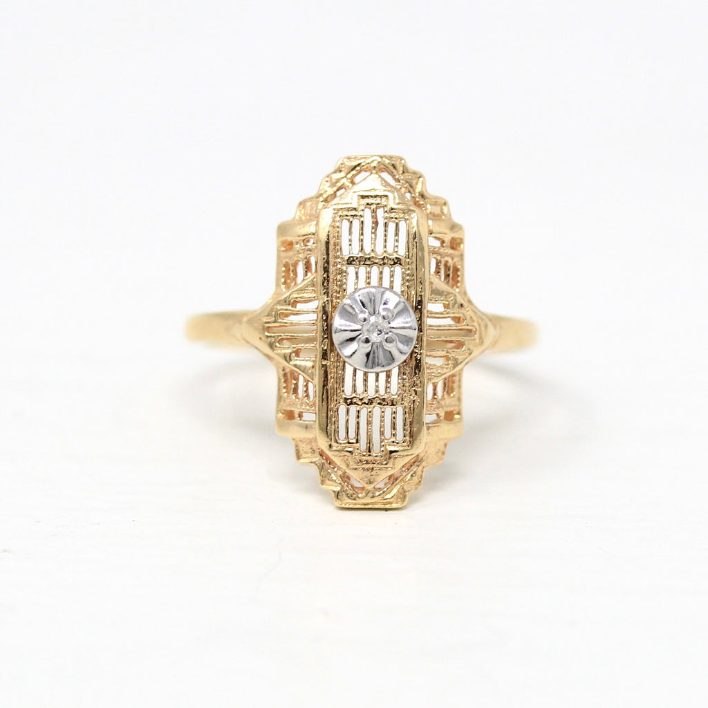 Vintage Shield Ring - Retro Era 10k Yellow Gold .01 CT Diamond Filigree Setting - Circa 1940s Size 6.25 Statement Filigree Fine 40s Jewelry