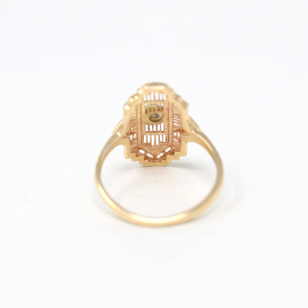 Vintage Shield Ring - Retro Era 10k Yellow Gold .01 CT Diamond Filigree Setting - Circa 1940s Size 6.25 Statement Filigree Fine 40s Jewelry