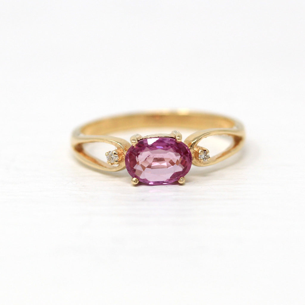 Pink Sapphire & Diamond Ring - 14k Yellow Gold Oval Faceted .76 CT Gemstone - Vintage Circa 1990s Size 5 3/4 July Birthstone Fine Jewelry