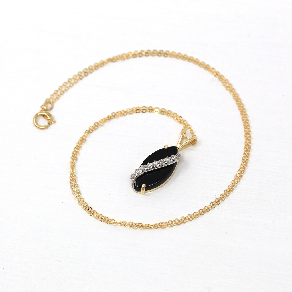 Onyx & Diamond Pendant - Modern 14k Yellow Gold Marquise Cut Black Gemstone Necklace - Estate Circa 2000's Era April Birthstone Fine Jewelry