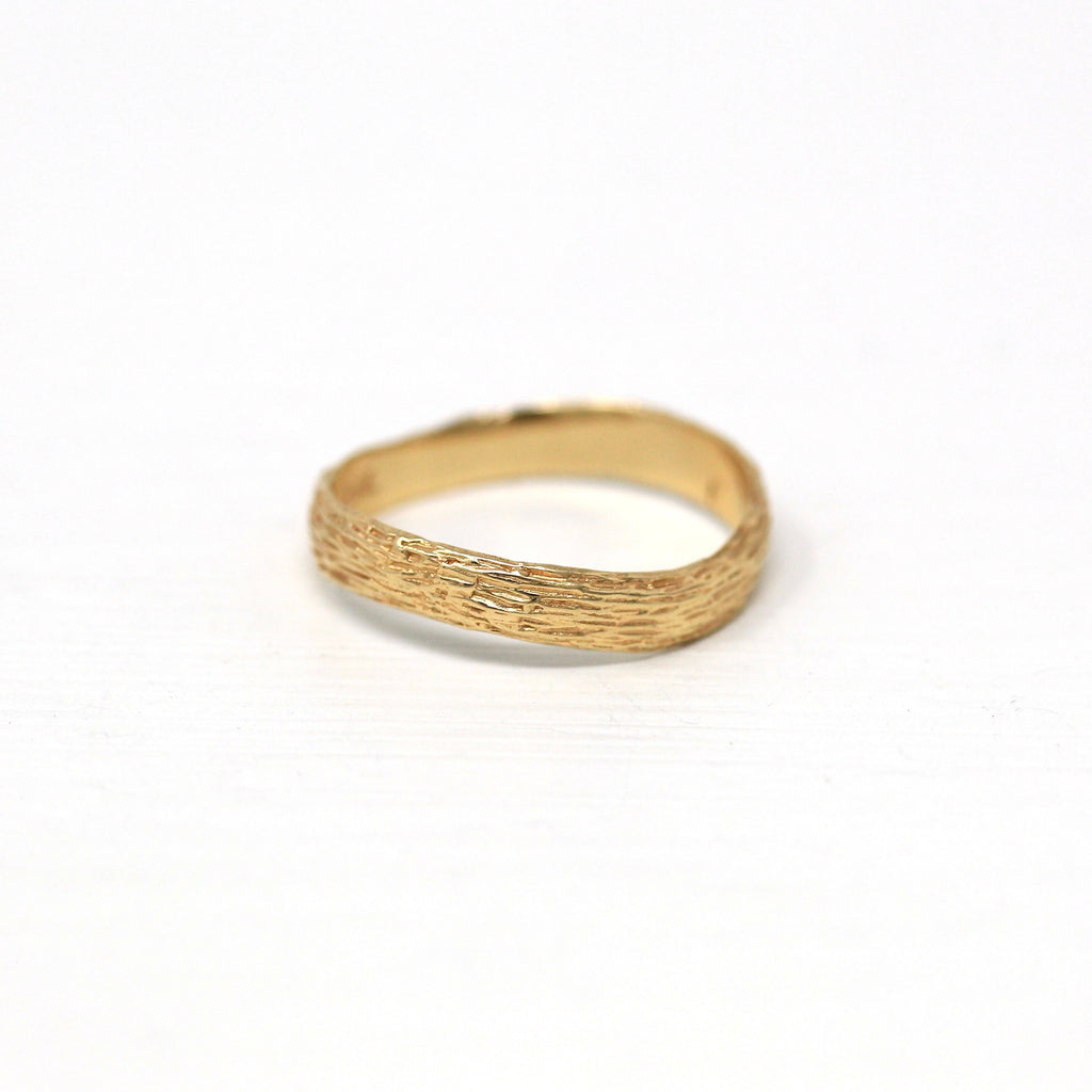Retro Wedding Band - Vintage 14k Yellow Gold Textured Curved Brutalist Style Ring - Circa 1970s Era Size 5 1/2 Branch Natural Fine Jewelry
