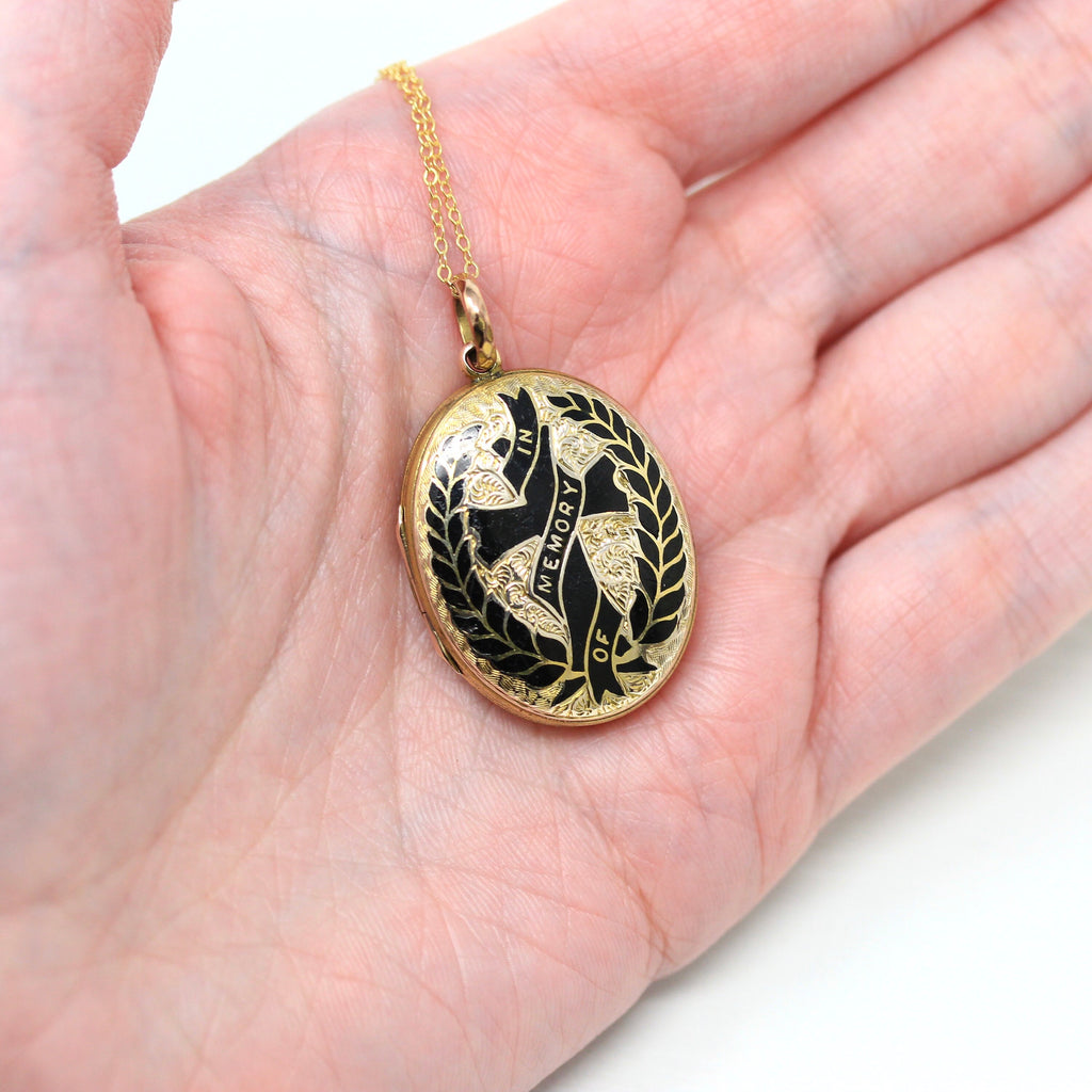 Victorian Mourning Locket - Antique Gold Filled "In Memory Of Grandma" Enamel Pendant Necklace - Circa 1890s Era Taille D'Epargné Jewelry