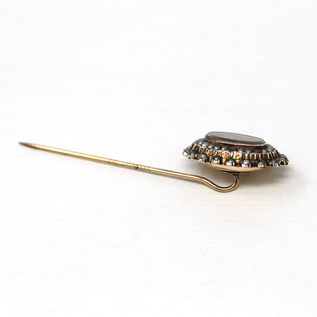 Antique Stick Pin - Victorian 10k Yellow Gold Seed Pearl Woven Brown Hair - Vintage Circa 1890s Era Fashion Accessory Fine Neckwear Jewelry