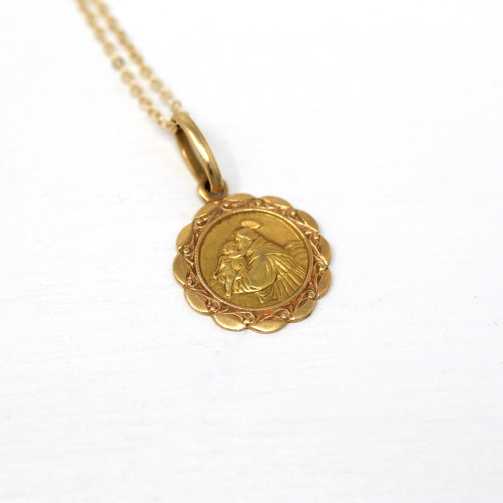 Saint Joseph Charm - Retro 18k Yellow Gold Religious Faith Medal Double Sided Pendant - Vintage Circa 1970s Era Patron Saint Fine Jewelry