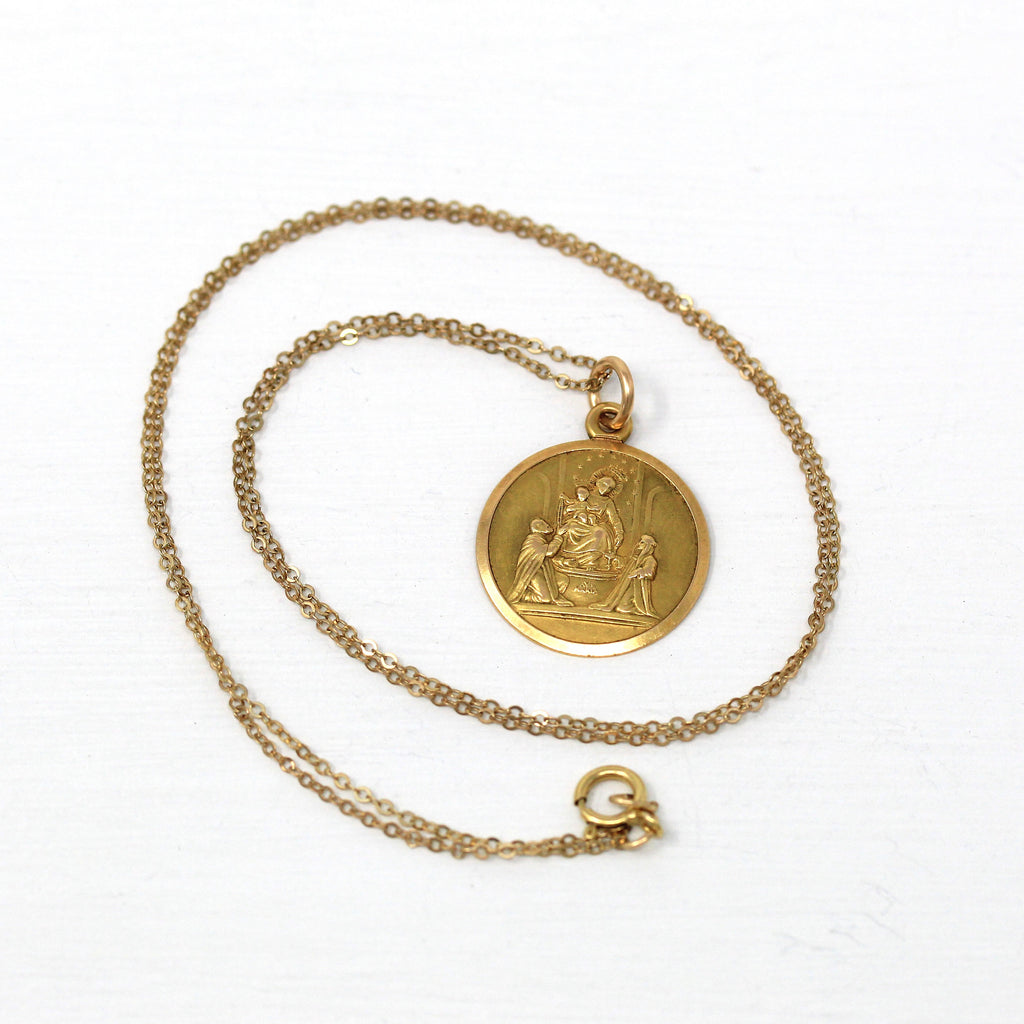 Our Lady Of The Rosary Charm - Retro 18k Yellow Gold Religious Medal Pendant Necklace - Vintage Circa 1970s Ave Maria Virgin Mary Jewelry
