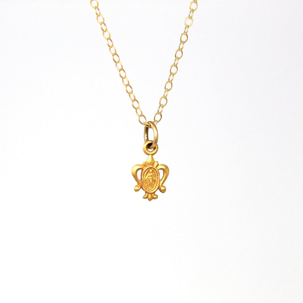 Vintage Miraculous Medal - Retro 10k Yellow Gold Religious Catholic Faith Necklace Charm Pendant - Vintage Circa 1970s Dainty Petite Jewelry