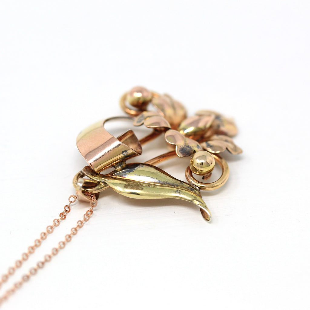 Vintage Flower Pendant - Retro 12k Two Tone Rose & Yellow Gold Filled Necklace - Circa 1940s Era Trumpet Floral Carl Art Accessory Jewelry
