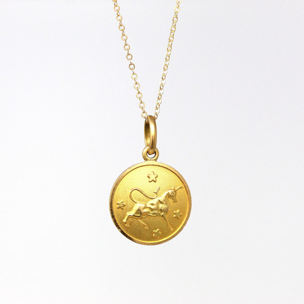 Vintage Taurus Charm - Retro 18k Yellow Gold Bull Astrological Sign Necklace Pendant - Circa 1970s Zodiac Celestial Earth Element Jewelry