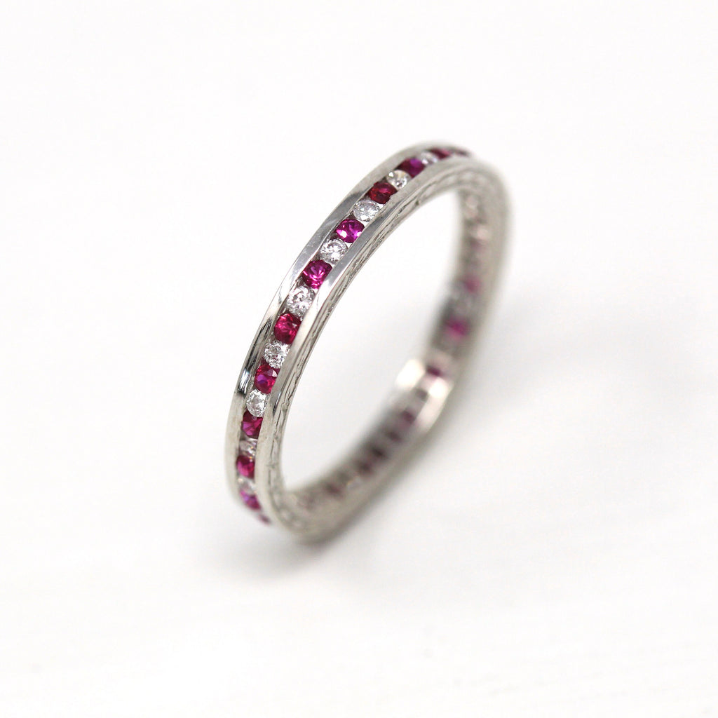 Diamond & Created Ruby Band - Vintage Art Deco Style Platinum Wedding Ring - Size 6 Modern Estate Fine Eternity Engraved Stacking Jewelry