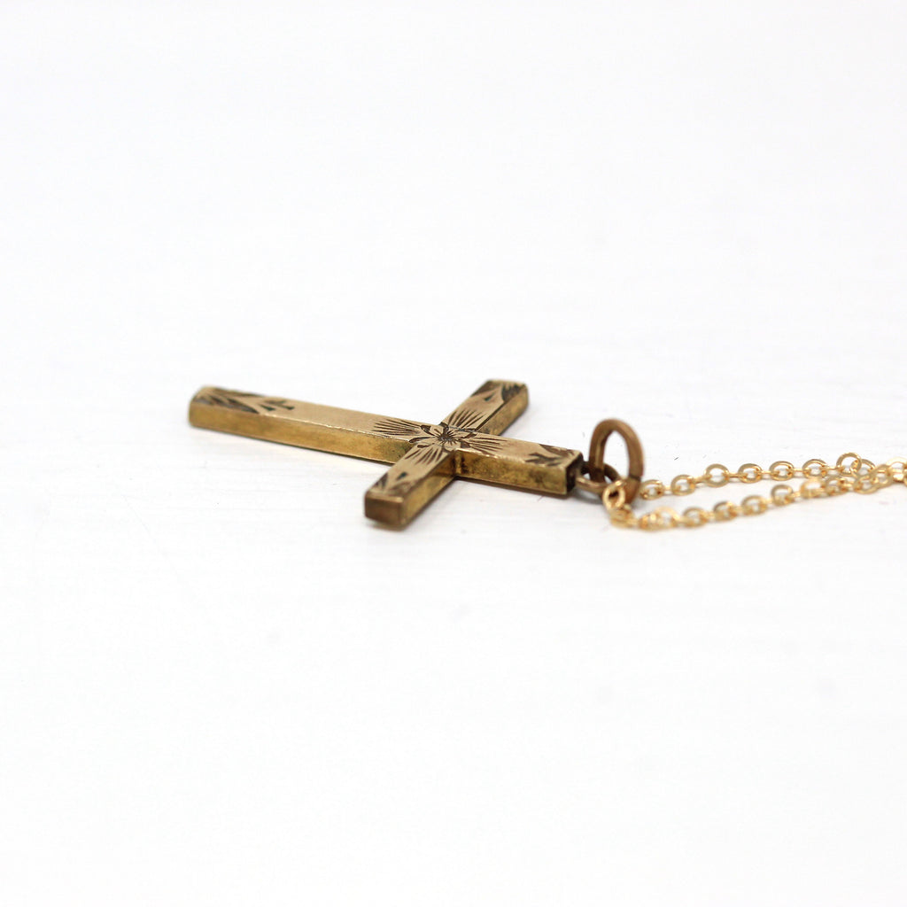 Vintage Cross Pendant - Retro Yellow Gold Filled Flower Designs Pendant Necklace - Religious Faith Crucifix Floral 1940s Era Jewelry