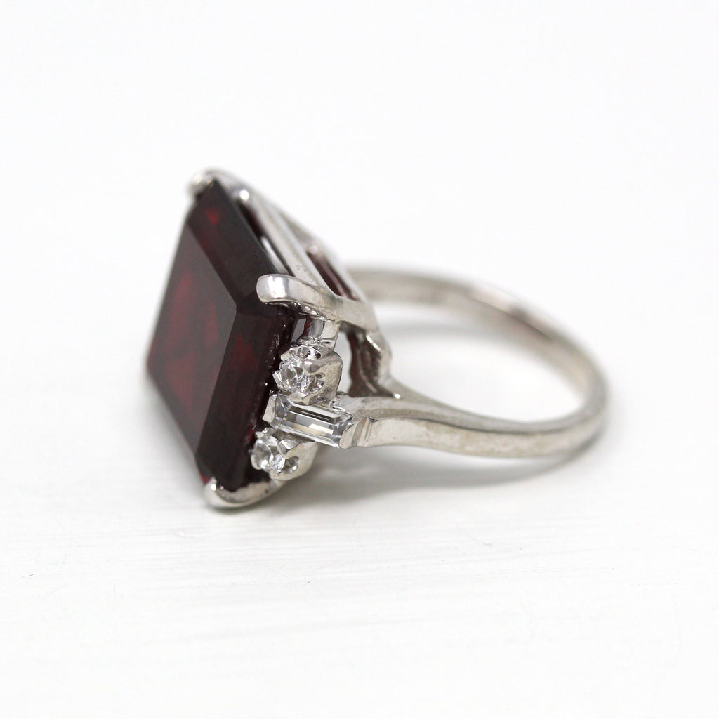 Vintage Cocktail Ring - Mid Century 10k White Gold Created Ruby 11.86 CT Stone - 1950s Era Size 5 White Accent Stones Fine Jewelry