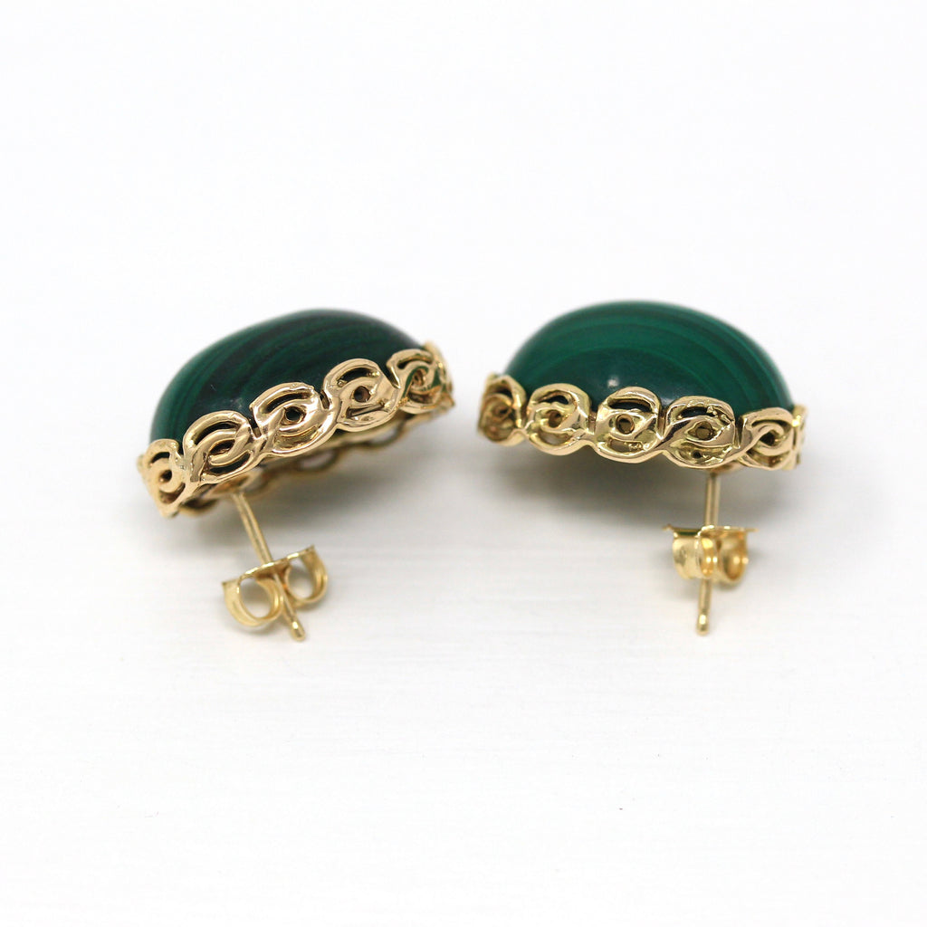 Gold Malachite Earrings - Vintage 14k Yellow Gold Genuine Green Gemstone Cabochons - Circa 1980s Era Studs Fine Statement Jewelry