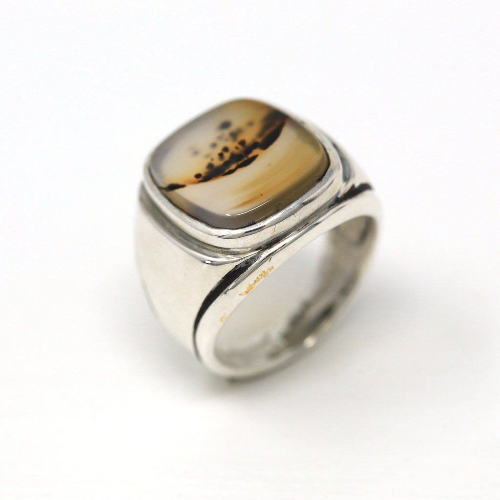 Vintage Agate Ring - 1970s Sterling Silver Men's Gemstone Signet - Size 8 3/4 Rectangular White Brown Gemstone Statement Jewelry