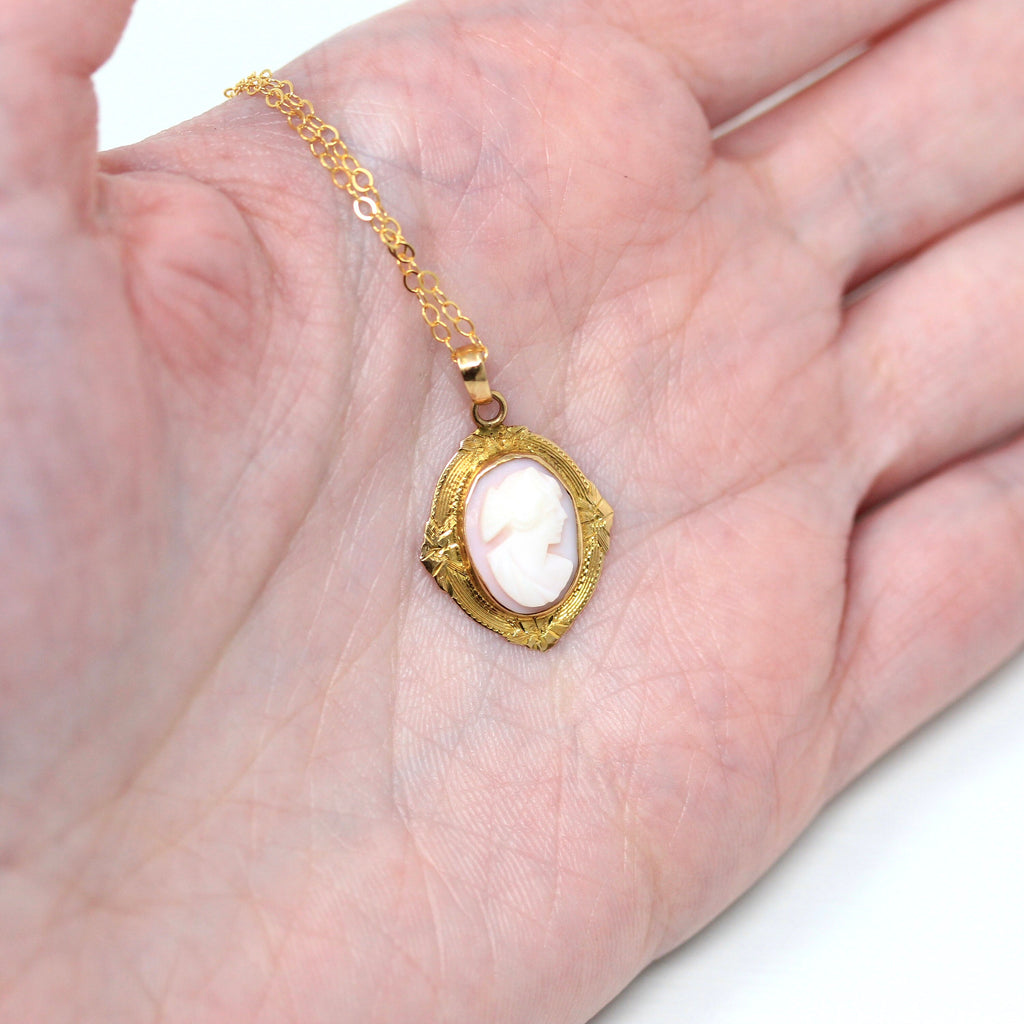 Antique Cameo Necklace - Edwardian 10k Yellow Gold Carved Angel Skin Coral Pendant - Vintage Circa 1910s Era Fashion Accessory Fine Jewelry