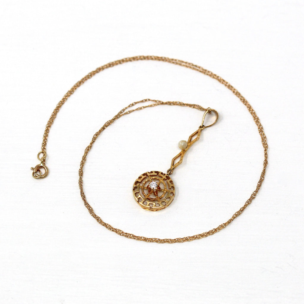 Antique Lavalier Necklace - Edwardian 14k Yellow Gold Genuine .04 CT Diamond Gem Pendant Charm - Circa 1910s Era Baroque Pearl Fine Jewelry