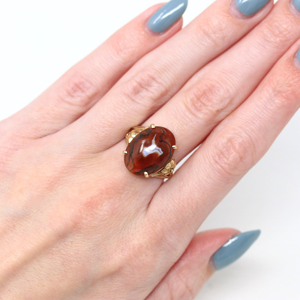 Moss Agate Ring - Retro 14k Yellow Gold Cabochon Cut 7.65 CT Red Green Gem - Vintage Circa 1940s Era Size 6 Flower Gemstone Fine 40s Jewelry