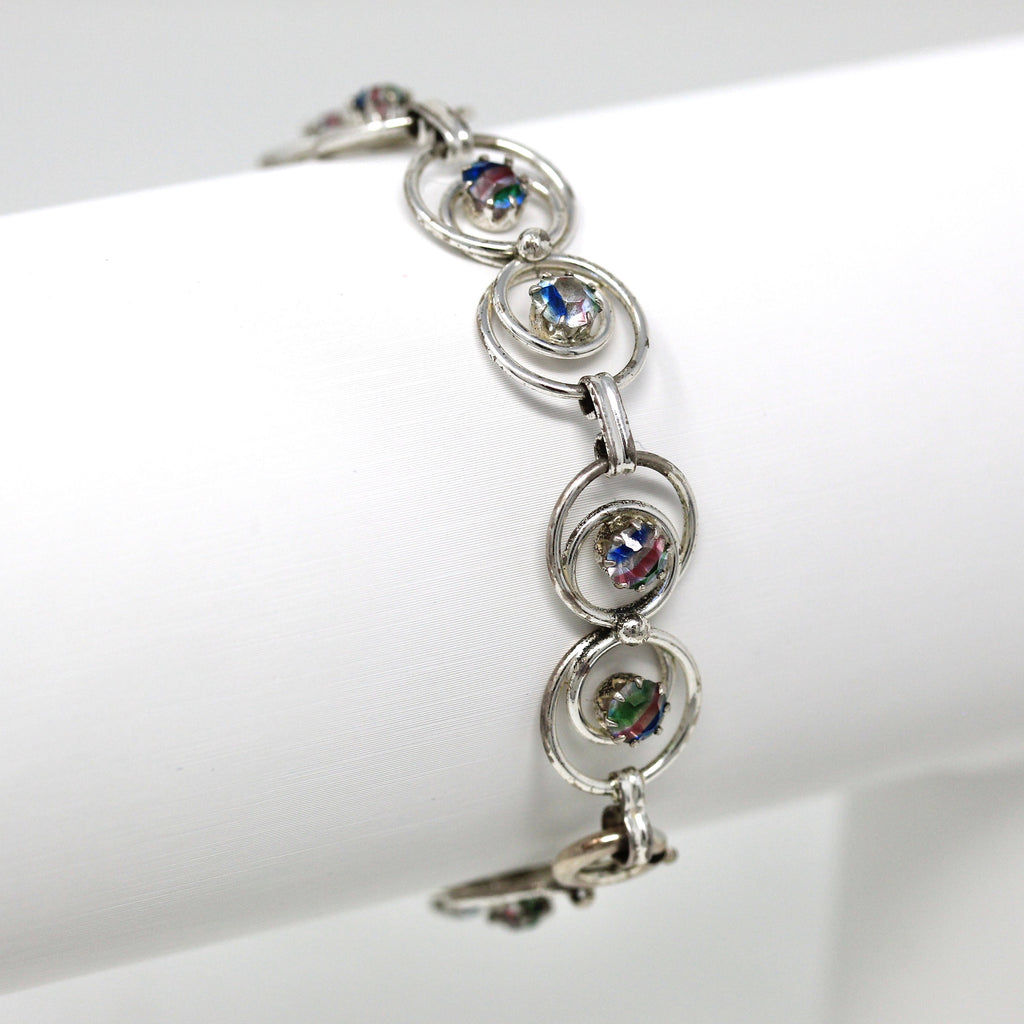 Vintage Iris Glass Bracelet - Retro Silver Tone Rainbow Art Glass Faceted Stones - Vintage Circa 1940s Era Fashion Accessory Jewelry