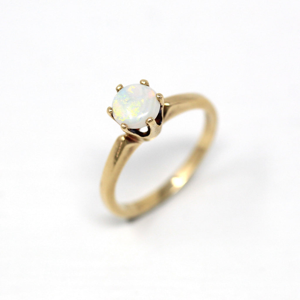Genuine Opal Ring - Retro 10k Yellow Gold Round Cabochon Cut .47 CT Gemstone - Vintage Circa 1960s Era Size 4 1/2 Solitaire Fine 60s Jewelry