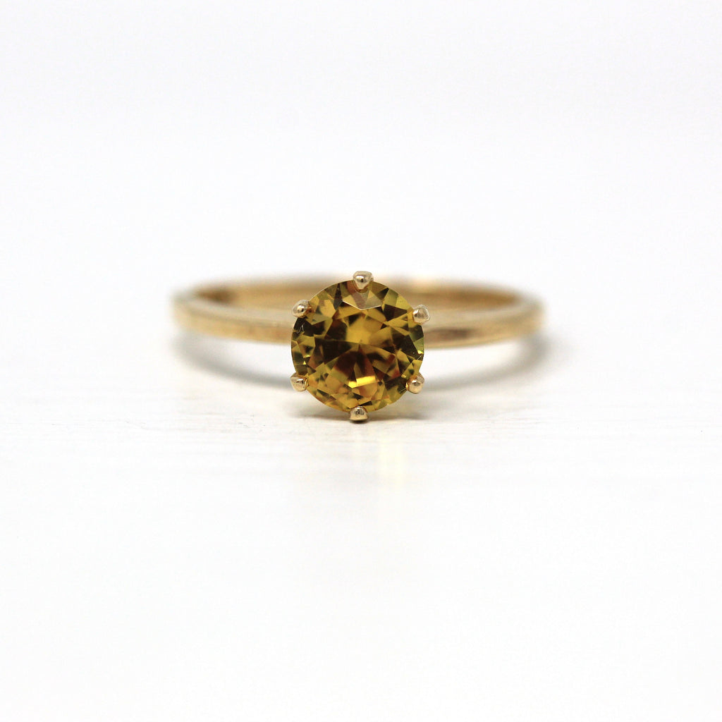 Created Yellow Sapphire Ring - Retro 10k Yellow Gold Round Faceted 1.23 CT Stone - Vintage Circa 1960s Era Size 5 3/4 Solitaire 60s Jewelry