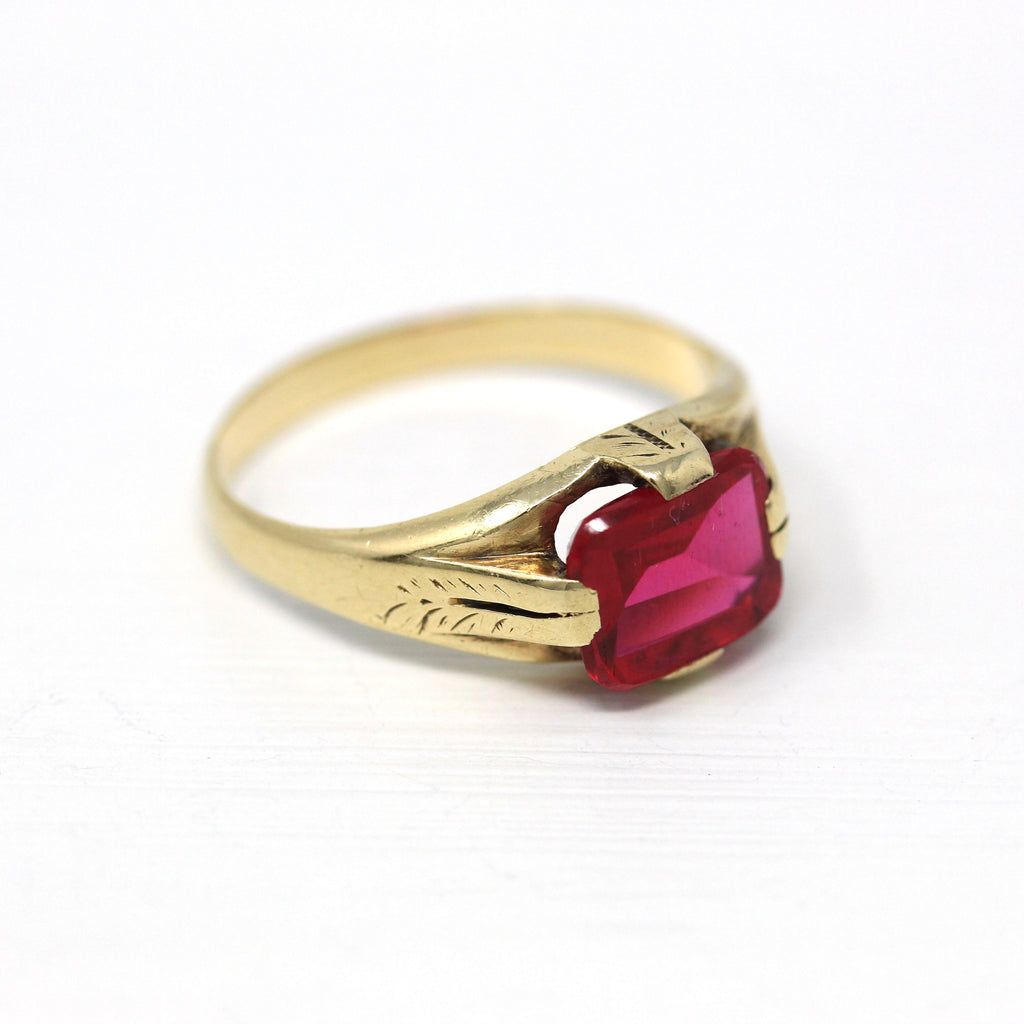 Created Ruby Ring - Art Deco 10k Yellow Gold Faceted Reddish Pink Stone - Vintage Circa 1930s Era Size 10 3/4 July Birthstone Fine Jewelry