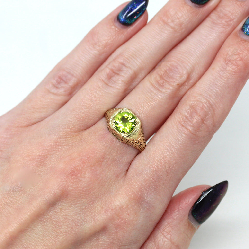 Genuine Peridot Ring - Art Deco 14k Yellow Gold 1.56 CT Round Faceted Green Gemstone - Vintage Circa 1930s Solitaire Filigree Fine Jewelry