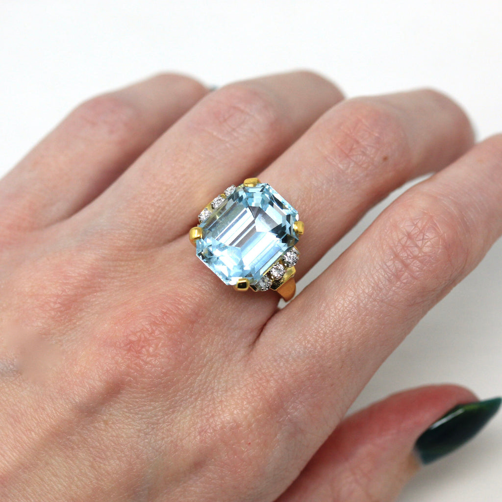 Aquamarine & Diamond Ring - Estate 14k Yellow Gold Emerald Cut 16.07 CT Blue Gem - Modern Size 6 3/4 Diamond Fine Cocktail Jewelry