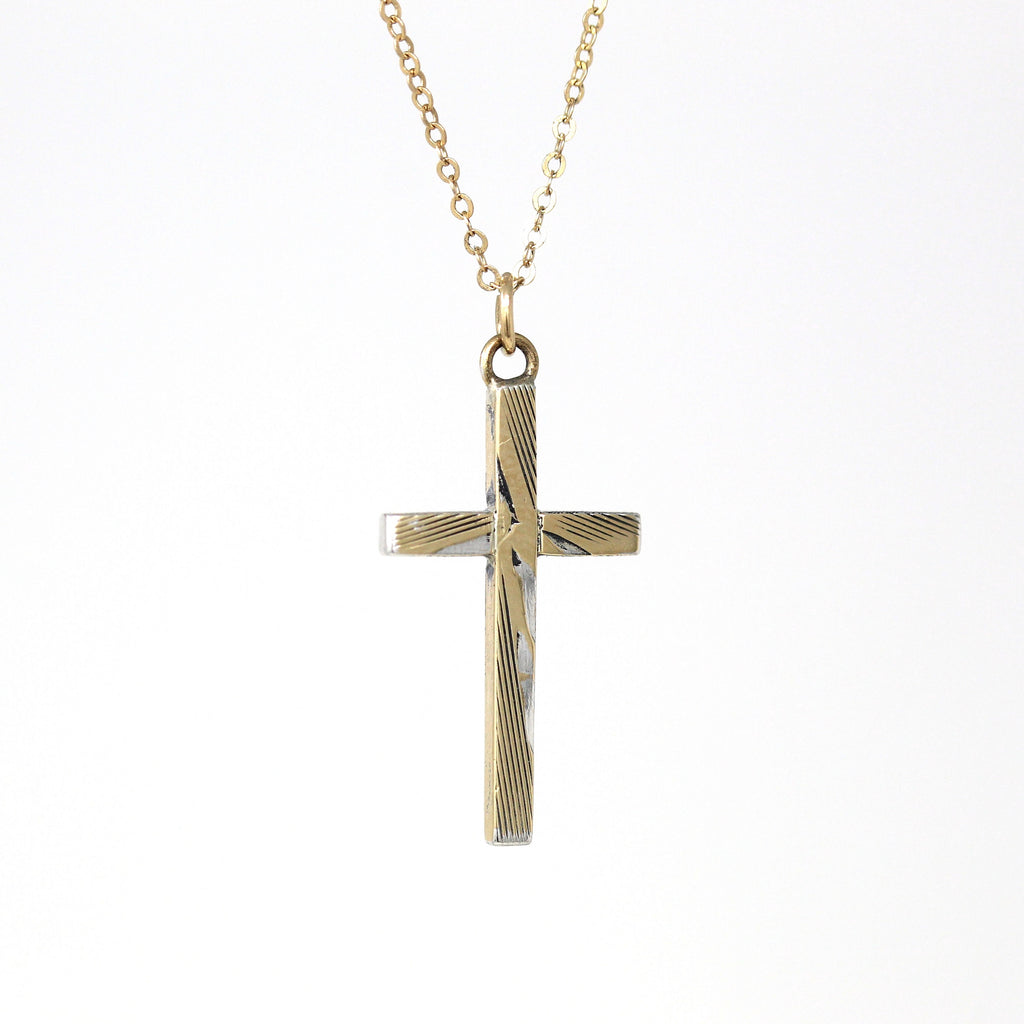 Vintage Cross Necklace - Retro 12k Gold Filled on Sterling Engraved Pendant Charm - Circa 1940s Era Dainty Religious Faith Crucifix Jewelry