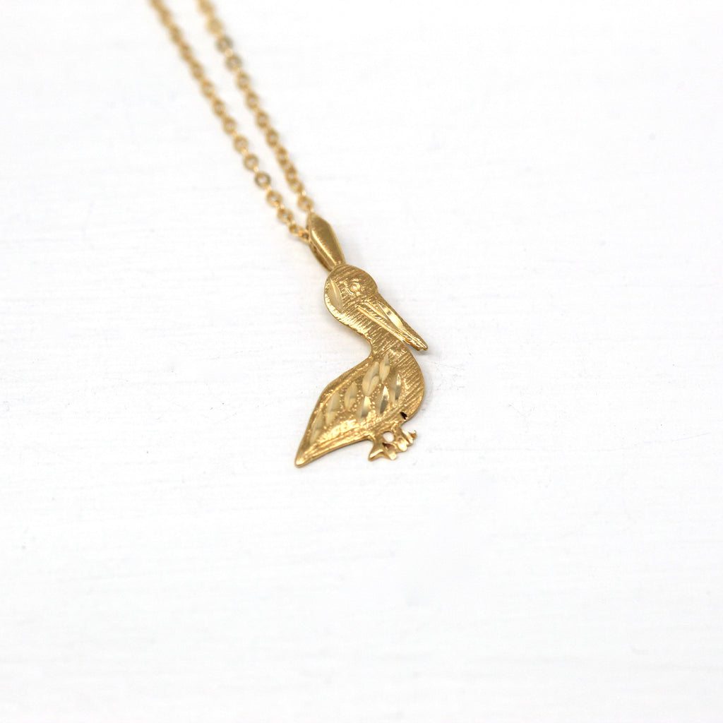 Modern Pelican Charm - Estate 14k Yellow Gold Figural Diamond Cut Water Bird Pendant Necklace - Circa 2000s Era Michael Anthony Fine Jewelry