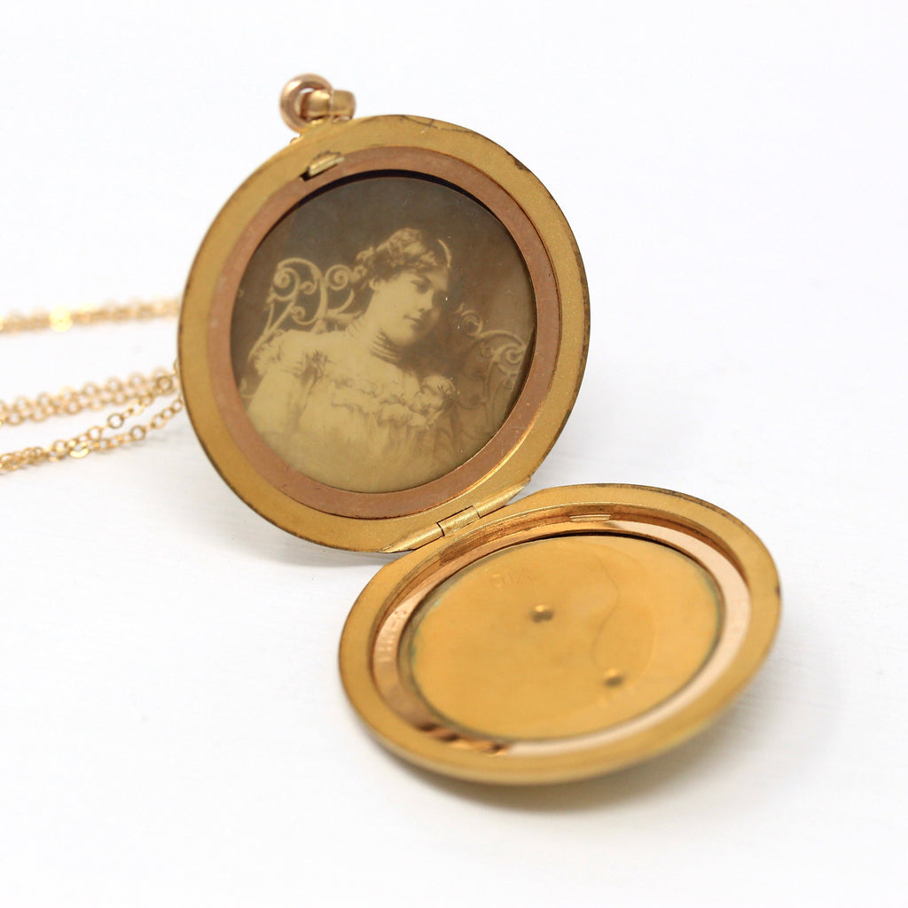 Gibson Girl Locket - Art Nouveau Gold Filled Rhinestone Pendant Necklace - Antique Circa 1900s Era Statement Keepsake Original Photo Jewelry