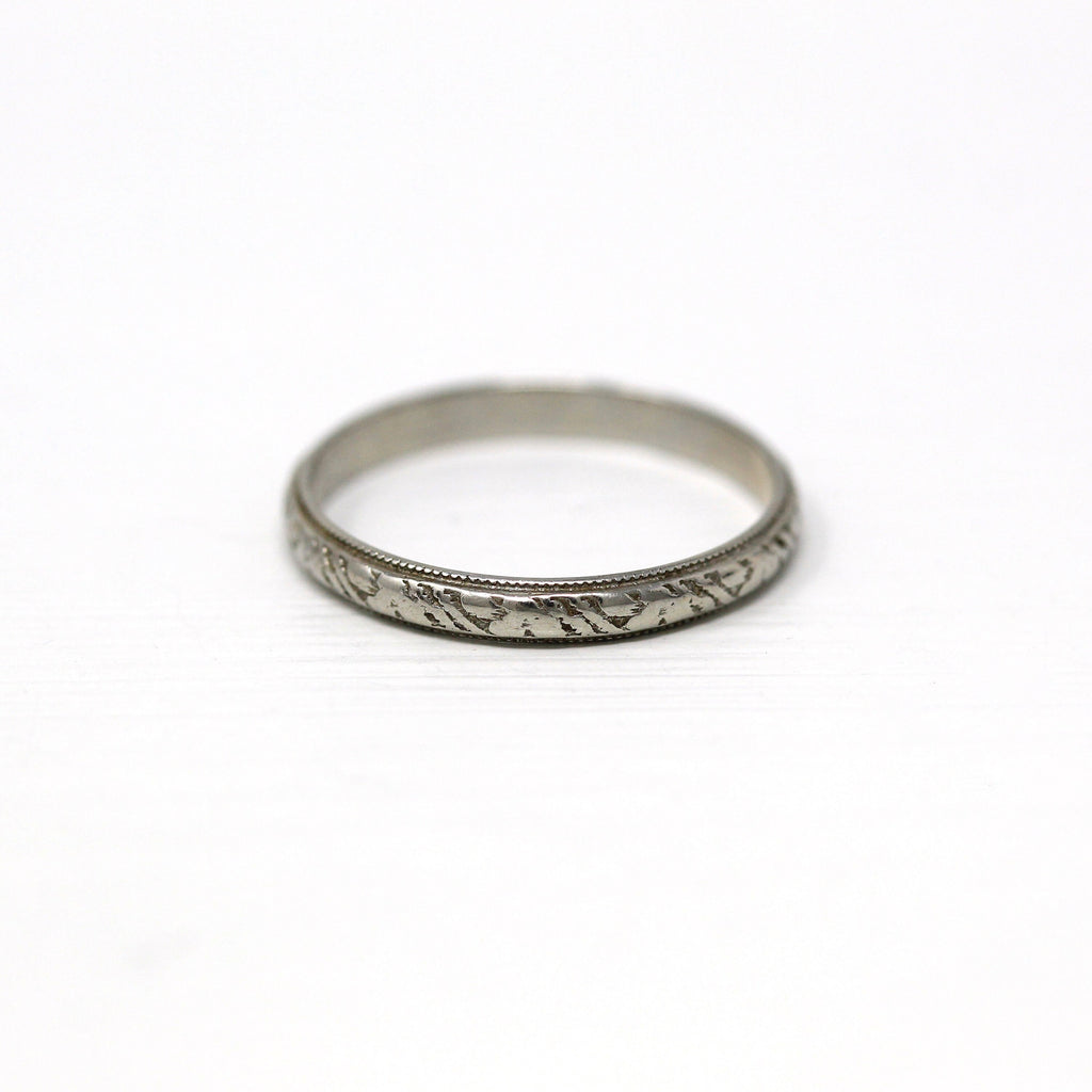 Art Deco Band - Vintage 18k White Gold Eternity Style Decorative Milgrain Ring - Circa 1930s Era Wedding Size 7 Engraved Designs 30s Jewelry