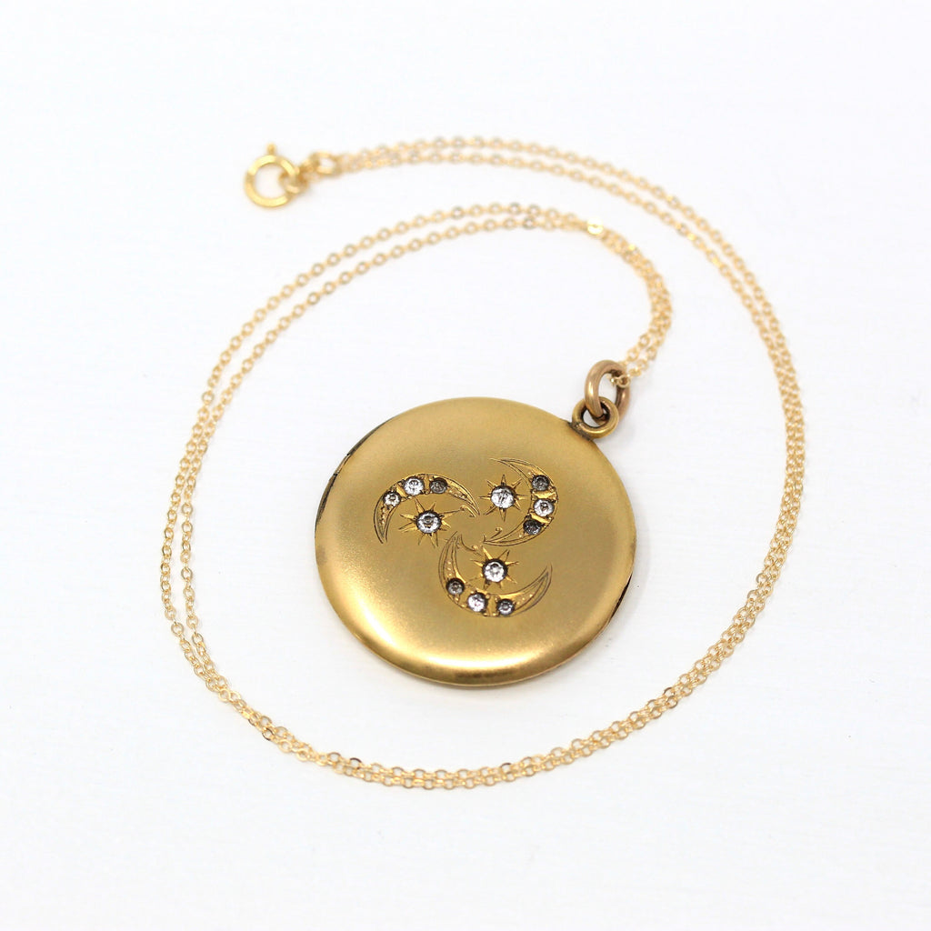 Star & Moon Locket - Antique Gold Filled Rhinestones Pendant Necklace - Edwardian Circa 1910s Era Three Celestial Crescent Statement Jewelry