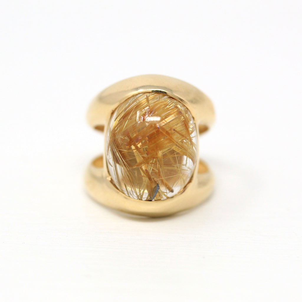 Rutilated Quartz Ring - Estate 14k Yellow Gold Oval Cabochon 9.76 CT Gemstone - Modern Circa 2000's Era Size 5 Statement Fine Y2K Jewelry