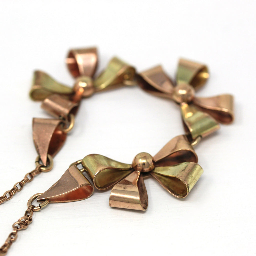 Retro Bow Necklace - Vintage 10k Yellow & Rose Gold Filled Statement - Retro Circa 1940s Era Ribbon Motif Two Tone Lustern 40s Jewelry