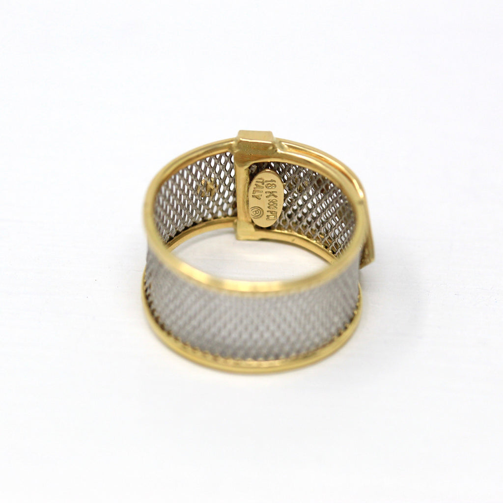 Belt Buckle Ring - Estate Platinum 18k Yellow Gold Mesh Statement Band - Modern Circa 2000s Era Size 4 1/4 Made In Italy Unisex Y2K Jewelry