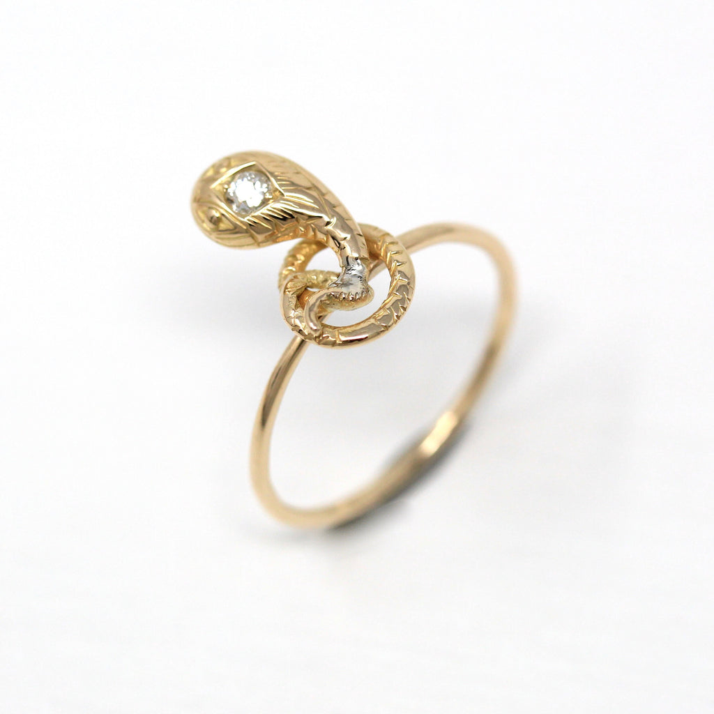 Diamond Snake Ring - Edwardian 14k Yellow Gold Stick Pin Conversion .04 CT Old European - Antique Circa 1910s Era Minimalist Serpent Jewelry