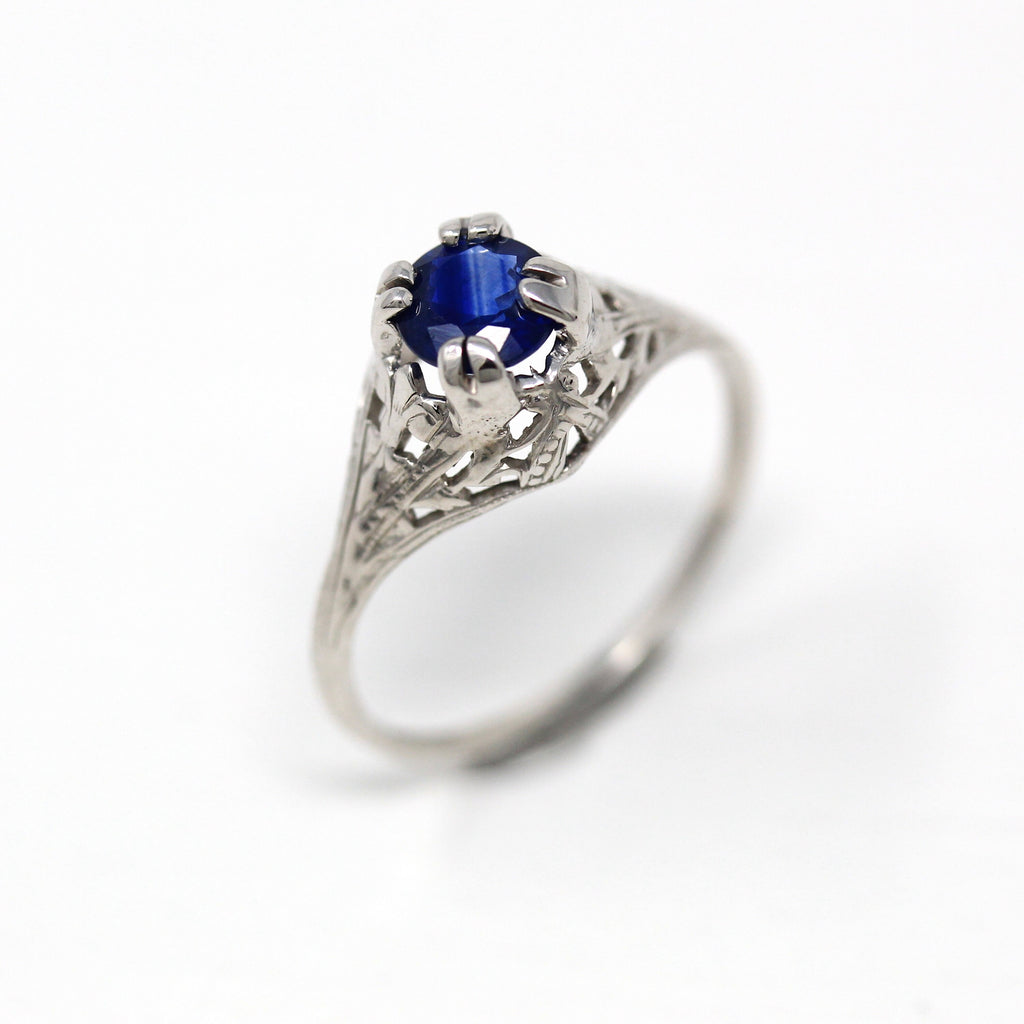 Genuine Sapphire Ring - Art Deco 18k White Gold Round Faceted .82 CT Blue Gemstone - Vintage 1930s Era Size 6 3/4 Solitaire Fine 30s Jewelry