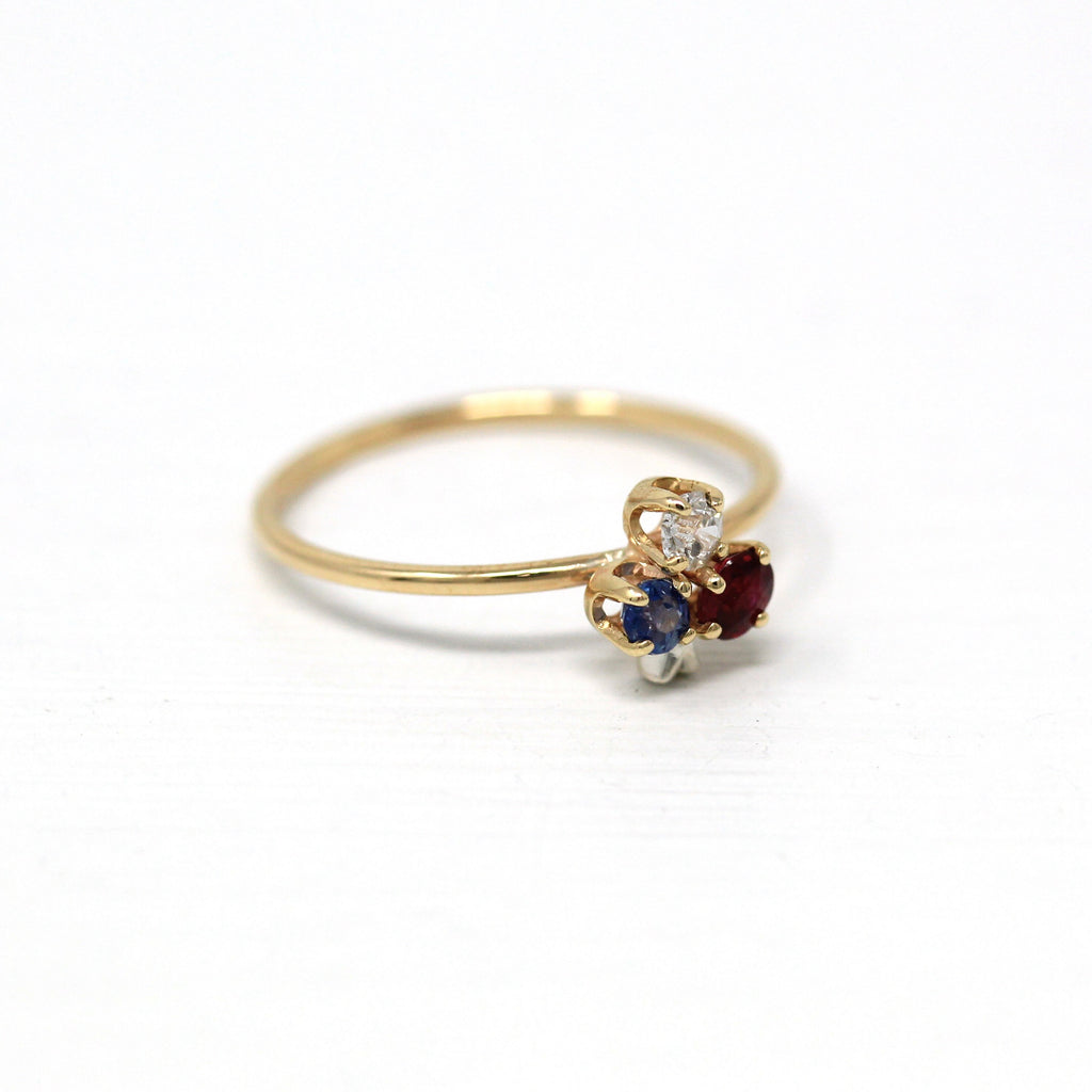 Gemstone Flower Ring - Edwardian Era 14k Yellow Gold Genuine .14 CTW CT Red White Blue Gems - Vintage Circa 1900s Size 6 Fine Jewelry