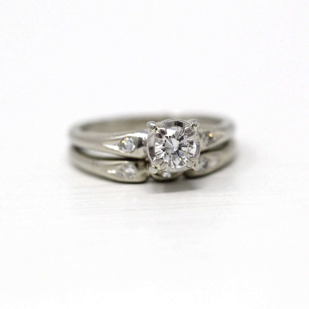 Wedding Ring Set - Vintage 18k White Gold .36 CTW Diamond Engagement & Band - Mid Century Era Circa 1950s Size 5 Bridal Set Fine Jewelry