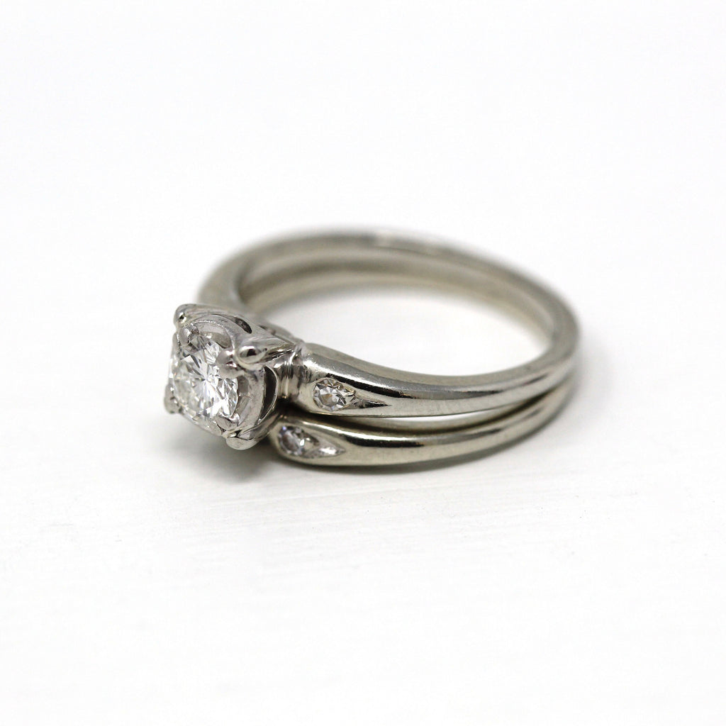 Wedding Ring Set - Vintage 18k White Gold .36 CTW Diamond Engagement & Band - Mid Century Era Circa 1950s Size 5 Bridal Set Fine Jewelry