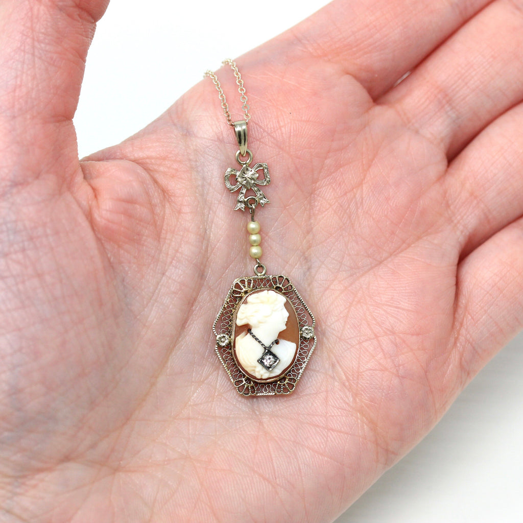 Vintage Cameo Necklace - Art Deco 14k White Gold Carved Shell Pendant Lavalier - Circa 1920s Filigree Bow Flower Fine Diamond Jewelry