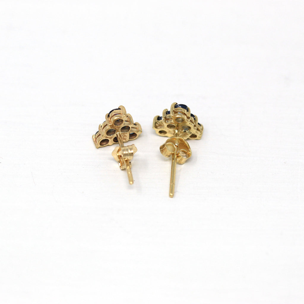 Genuine Sapphire Earrings - Vintage 14k Yellow Gold Blue Gemstones Cluster Push Back Studs - Estate Circa 1990s Era Pierced Fine 90s Jewelry