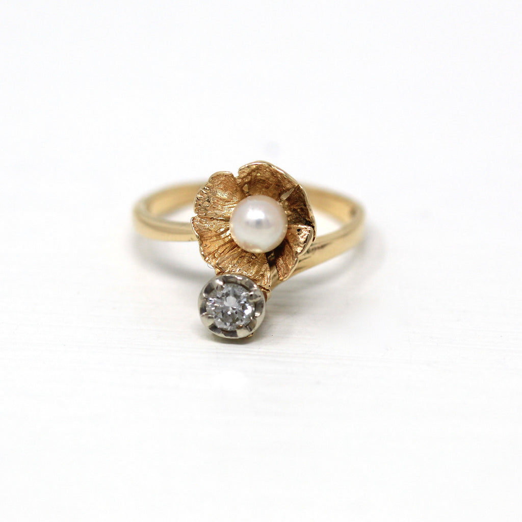 Diamond & Pearl Ring - Retro 14k Yellow Gold Cultured Pearl Flower .16 CT Gem - Vintage Circa 1970s Era Size 5 1/2 June Birthstone Jewelry