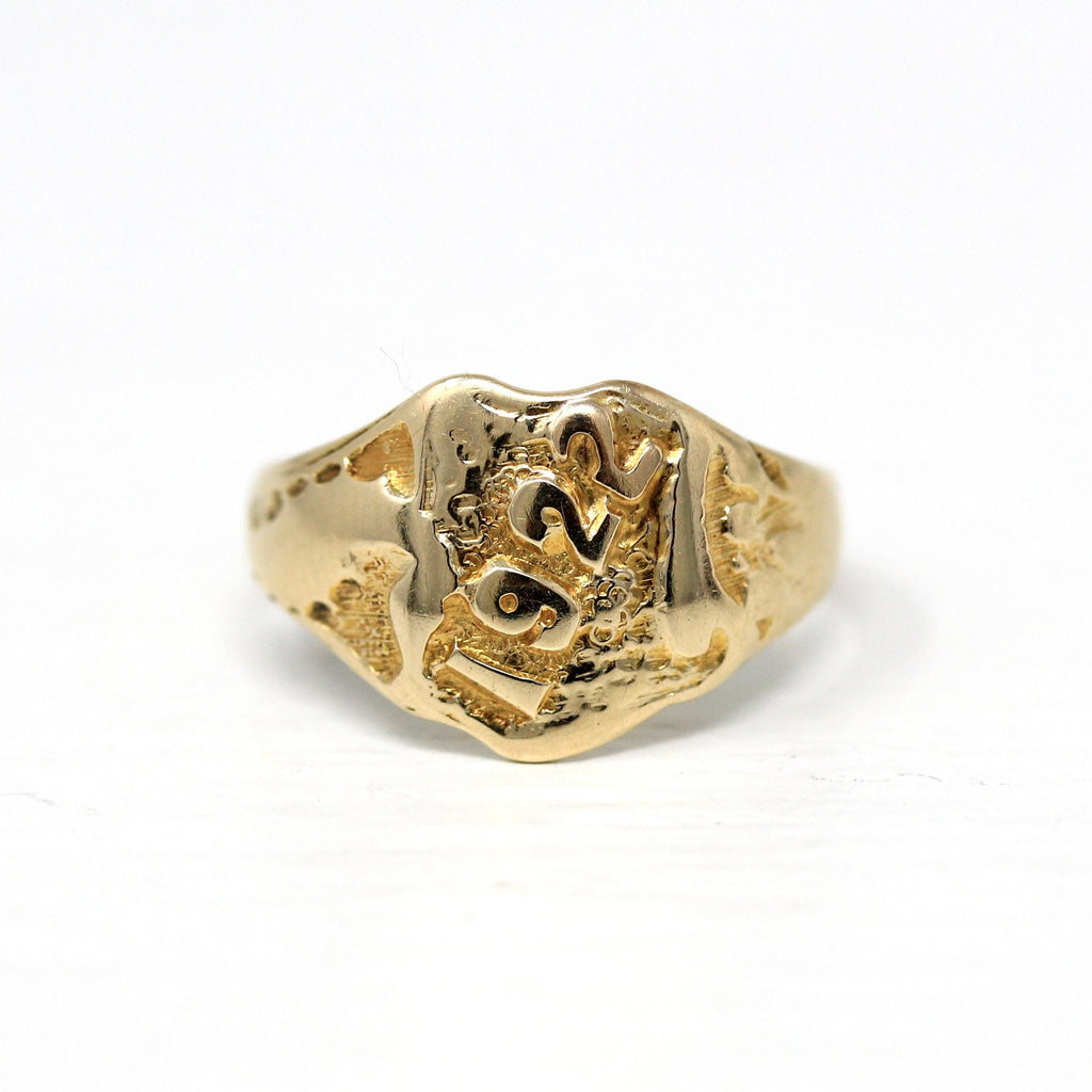 Dated 1922 Ring - Art Deco 14k Yellow Gold Signet Shield Style Statement Seahorse - Antique Size 5 Roaring 20's Numbers Vintage Fine Jewelry