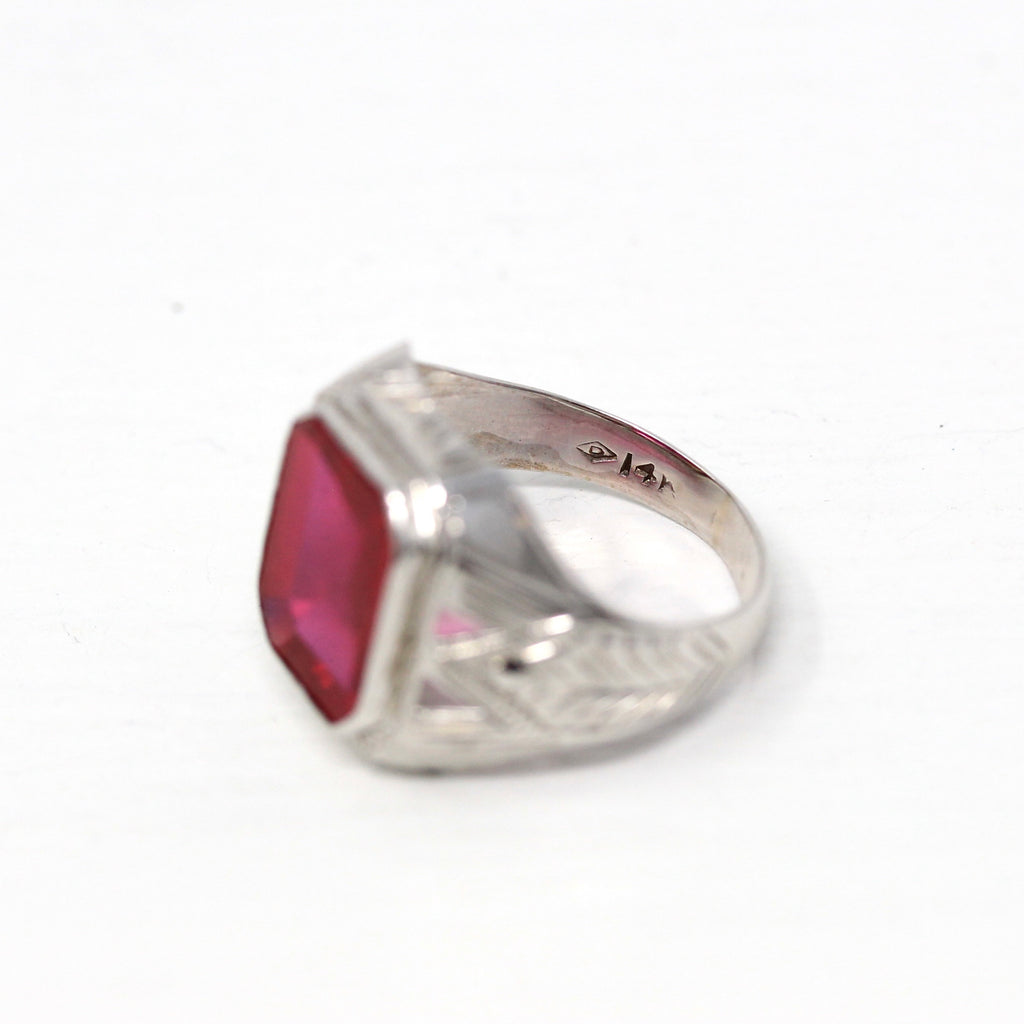Created Ruby Ring - Vintage Art Deco Era 14k White Gold Large Pink Red Stone Statement - Circa 1930s Size 6.5 Fine Men's Unisex Fine Jewelry