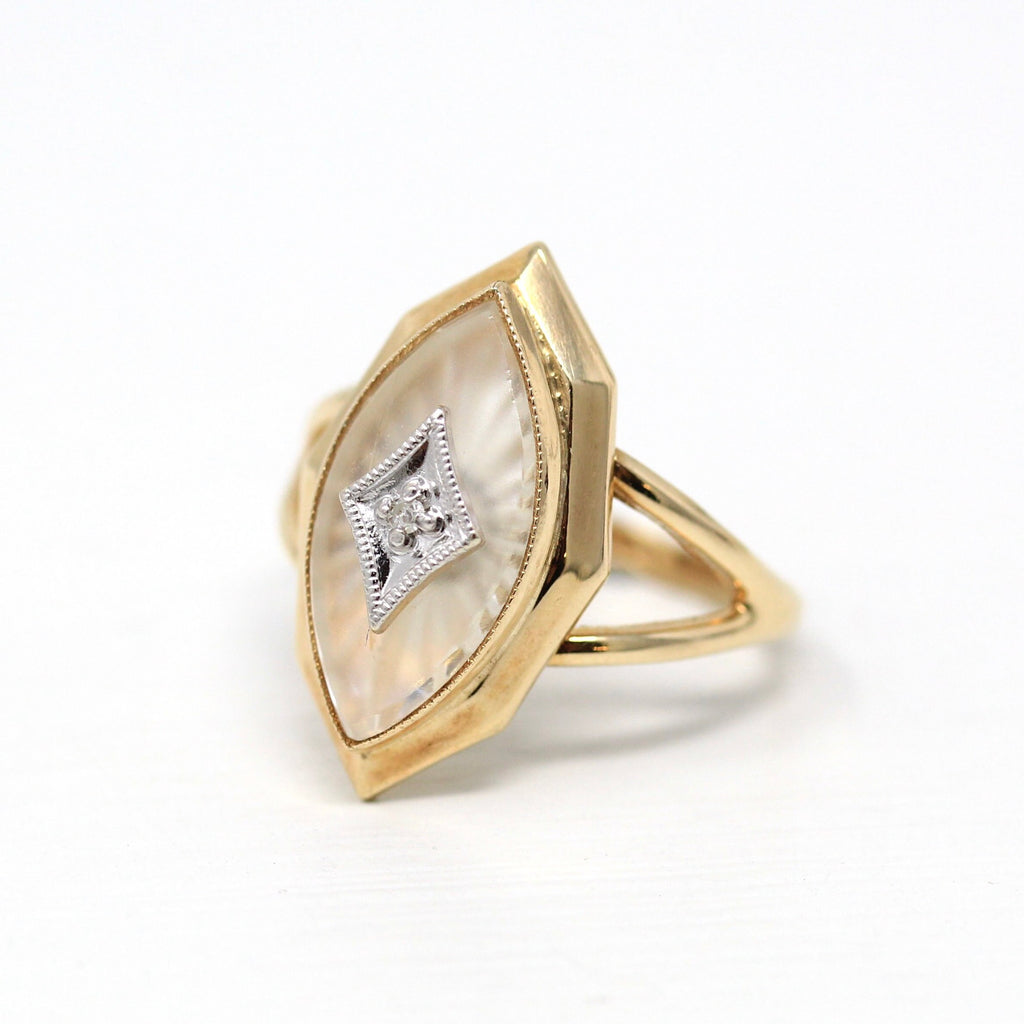 Camphor Glass Ring - Retro 10k Yellow Gold Genuine .008 CT Diamond Gemstone - Vintage Circa 1940s Size 6 1/2 Marquise Fine 40s PSCO Jewelry