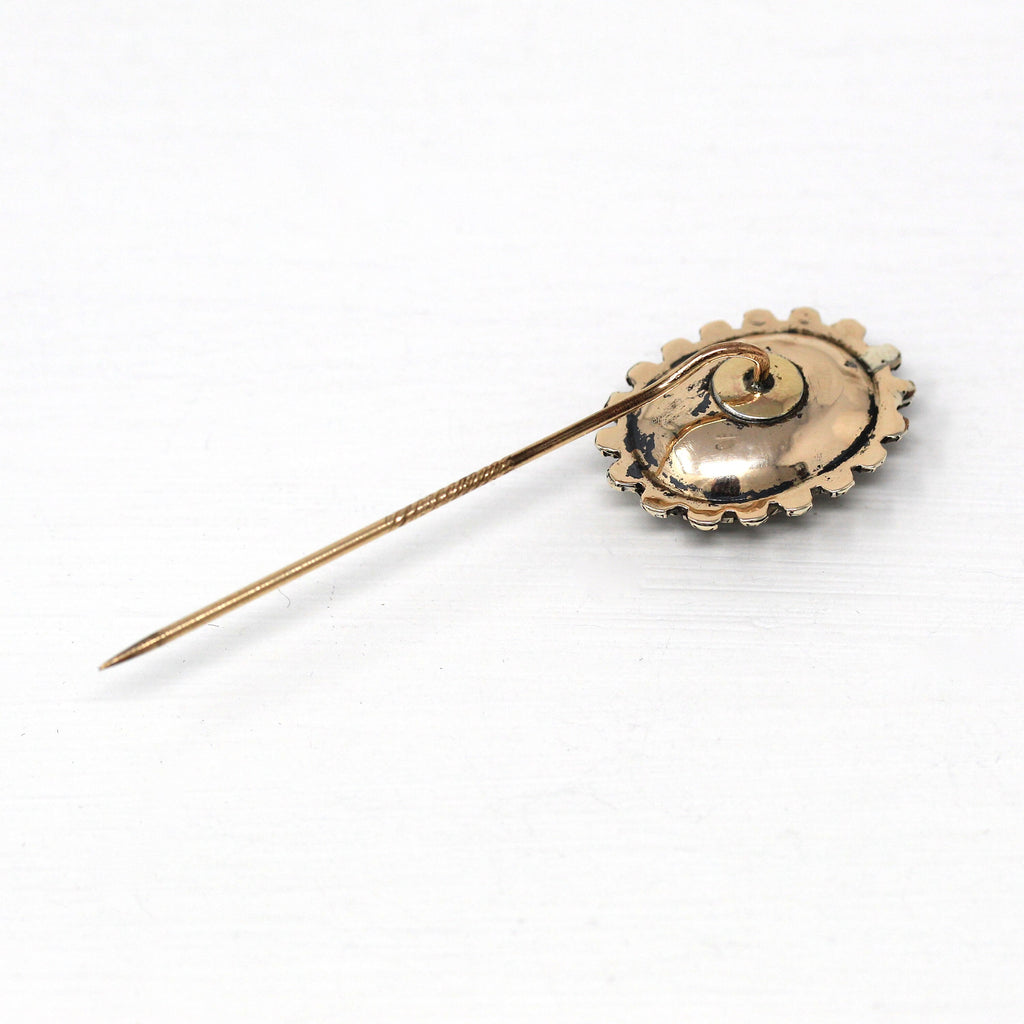Antique Stick Pin - Victorian 10k Yellow Gold Seed Pearl Woven Brown Hair - Vintage Circa 1890s Era Fashion Accessory Fine Neckwear Jewelry