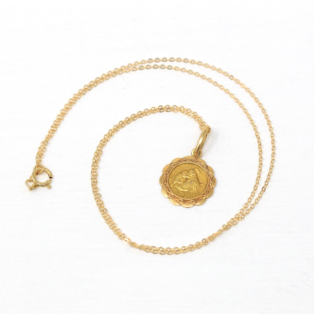 Saint Joseph Charm - Retro 18k Yellow Gold Religious Faith Medal Double Sided Pendant - Vintage Circa 1970s Era Patron Saint Fine Jewelry