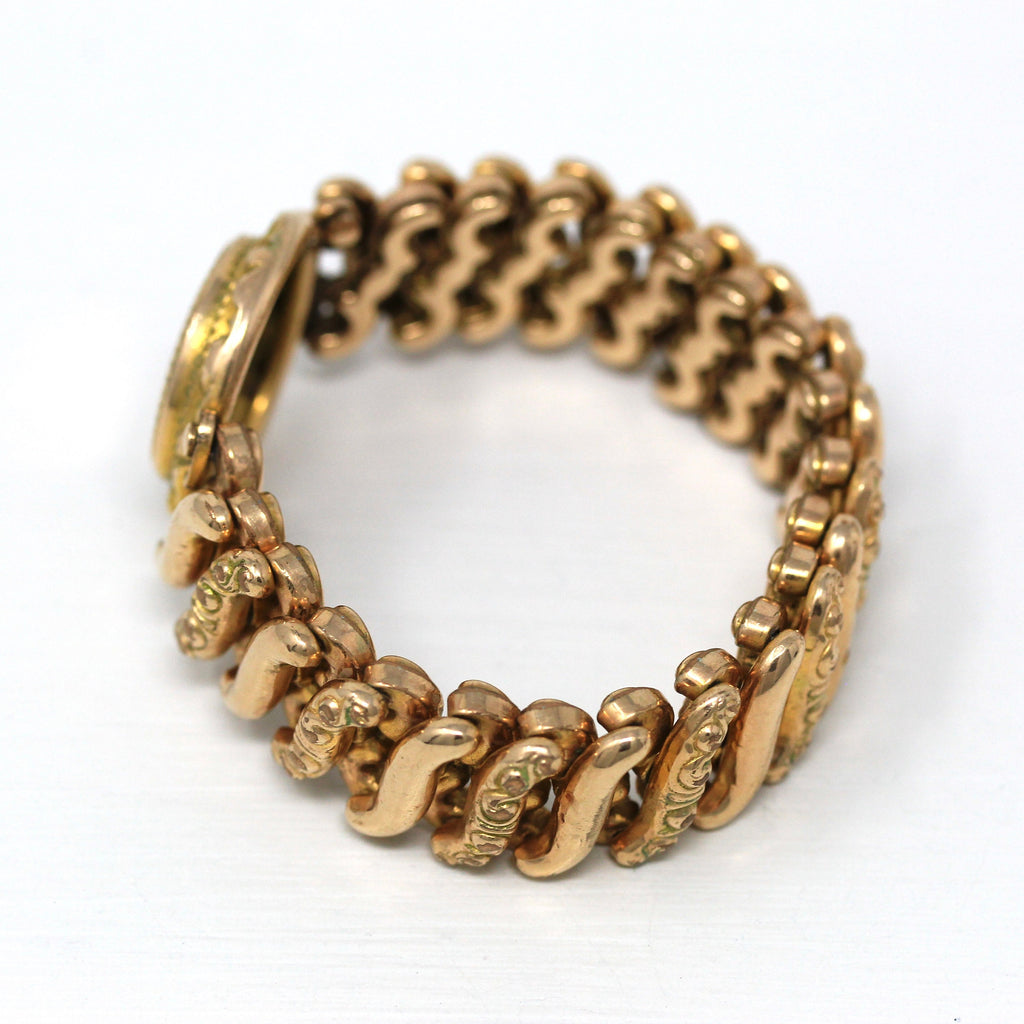 Antique Expansion Bracelet - Edwardian Gold Filled Expanding Stretch Link Repousse - Circa 1910s Blank Center Fashion Accessory Jewelry